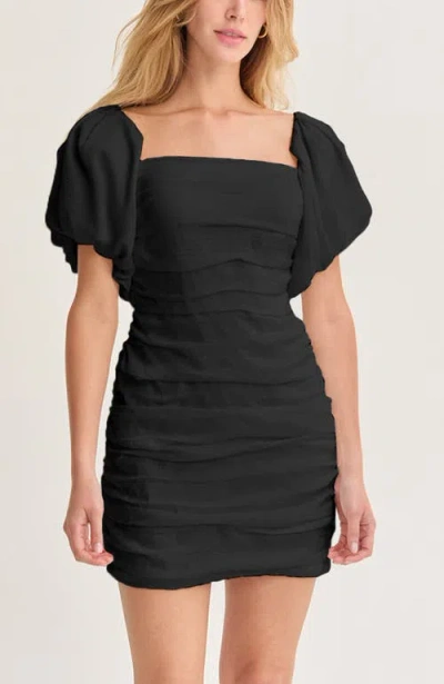 Crescent Puff Sleeves Ruched Mini Dress In Black