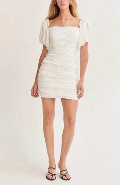 Crescent Puff Sleeves Ruched Mini Dress In White