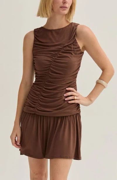 Crescent Ruched Knit Mini Dress In Brown