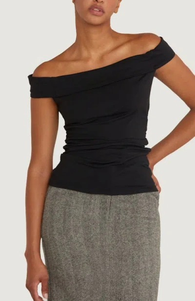 Crescent Ruched Off Shoulder Knit Top In Black