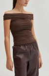 Crescent Ruched Off Shoulder Knit Top In Espresso