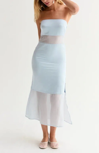 Crescent Satin Mixed Media Tube Midi Dress In Blue