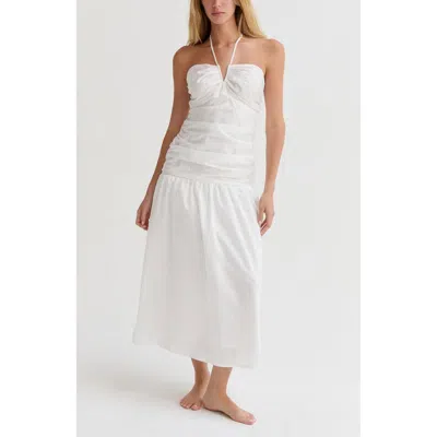 Crescent Shirred Halter Tencel Blend Midi Dress In White