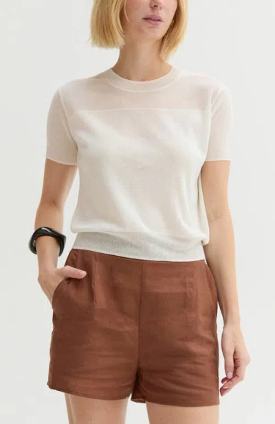 Crescent Short Sleeve Sheer Knit Top In White