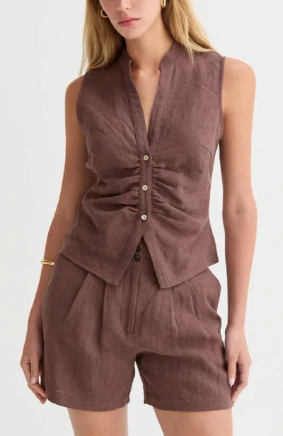 Crescent Sleeveless Mandarin Collar Blouse Top In Brown