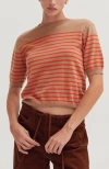 Crescent Stripe Short Sleeve Sweater Top In Brown