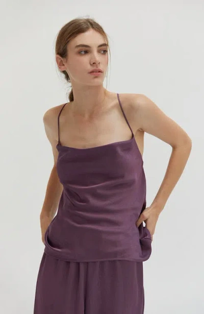 Crescent Textured Satin Cowl Back Satin Top In Fig