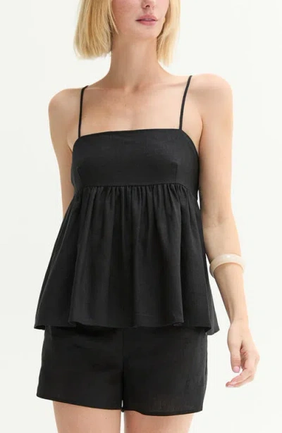 Crescent Tie Back Babydoll Linen Blend Top In Black