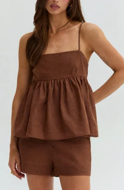 Crescent Tie Back Babydoll Linen Blend Top In Brown