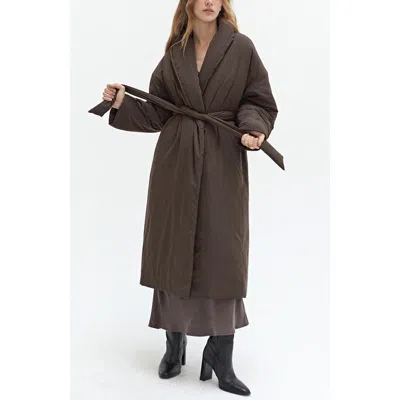 Crescent Tie Belt Puffer Coat In Espresso
