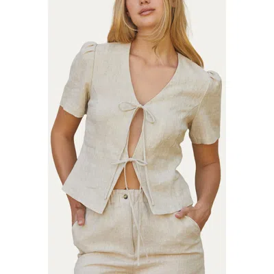 Crescent Tie Front Linen Top In Oatmeal