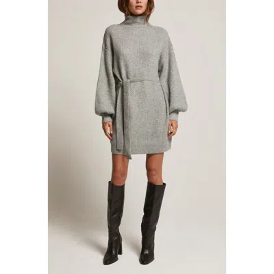 Crescent Turtleneck Belted Mini Sweater Dress In Gray