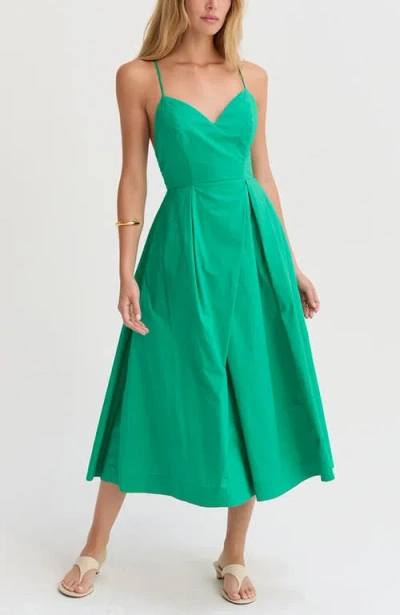Crescent V-neck Poplin Midi Dress In Green