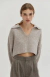 Crescent Waffle Polo Crop Sweater In Heather Grey