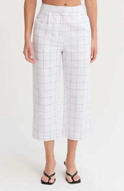 Crescent Windowpane Straight Leg Linen Culottes In White
