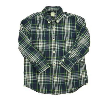 Pre-owned Crewcuts Kids' Boys Navy Green Plaid Button Down Long Sleeve In Blue