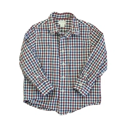 Pre-owned Crewcuts Kids' Boys Navy Maroon Check Button Down Long Sleeve In Blue