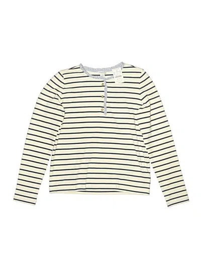 Pre-owned Crewcuts Kids' Long Sleeve Top Ivory Stripes Pattern Keyhole Neckline Tops