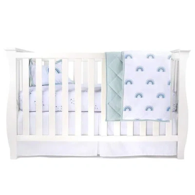 Crib Set Baby Crib Bedding Sets Includes Crib Sheet, Quilted Blanket, Crib Skirt, And Baby Pillowcas In Blue Rainbow