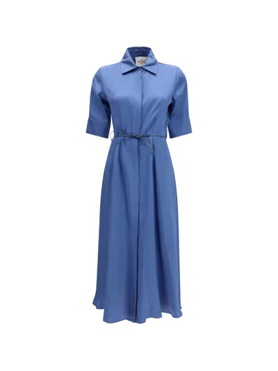 Cri.da Baldo Collared Tie-detail Midi Cotton Dress In Blue