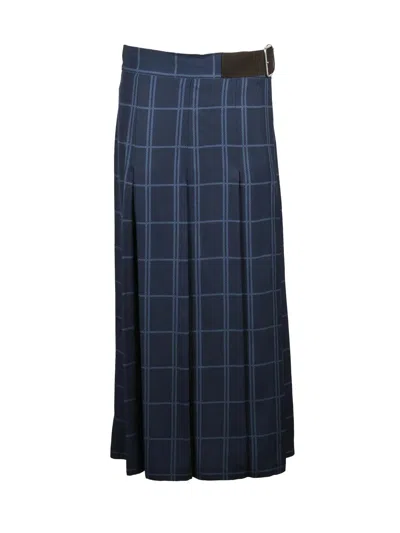 Cri.da Pleated Midi Skirt With Adjustable Belt And Checkered Pattern In Blue