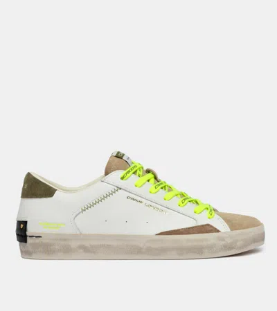 Crime London Ivory Distressed Green Detail Leather Sneakers In White