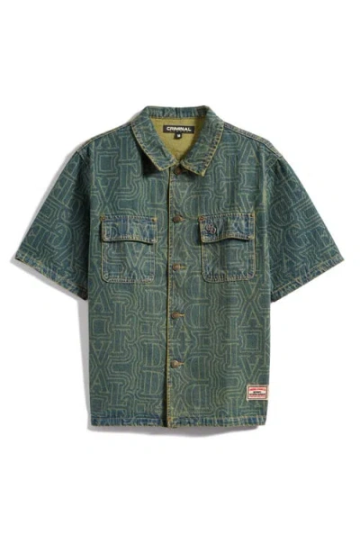 Criminal Damage Berkeley Monogram Short Sleeve Cotton Denim Button-up Shirt In Blue