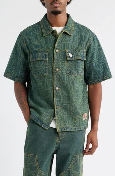 Criminal Damage Berkeley Monogram Short Sleeve Cotton Denim Button-up Shirt In Dirty Blue