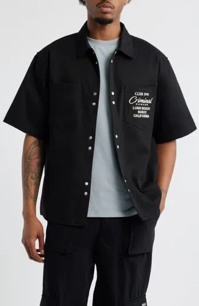 Criminal Damage Embroidered Short Sleeve Snap-up Shirt In Black