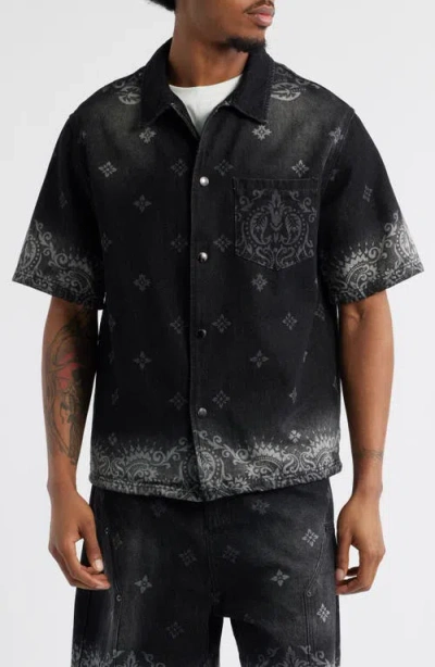 Criminal Damage Laser Print Denim Short Sleeve Snap-up Shirt