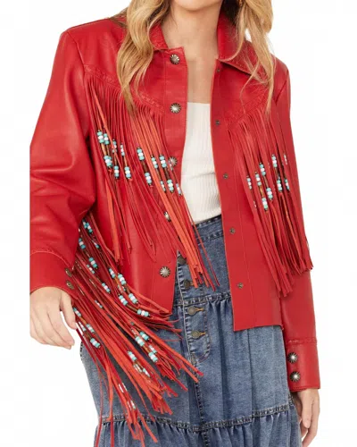 Cripple Creek Women's Leather Beaded Fringe Jacket In Red