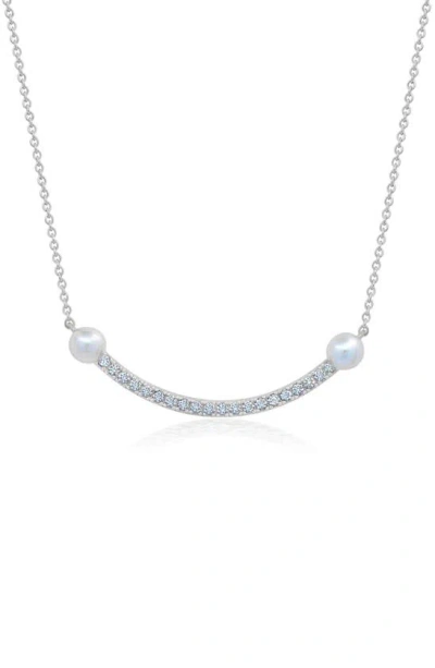 Crislu Pavé Cubic Zirconia & Imitation Pearl Curved Bar Pendant Necklace In Silver