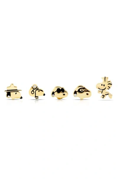 Crislu X Peanuts® Snoopy & Woodstock Set Of 5 Assorted Single Stud Earrings In Gold