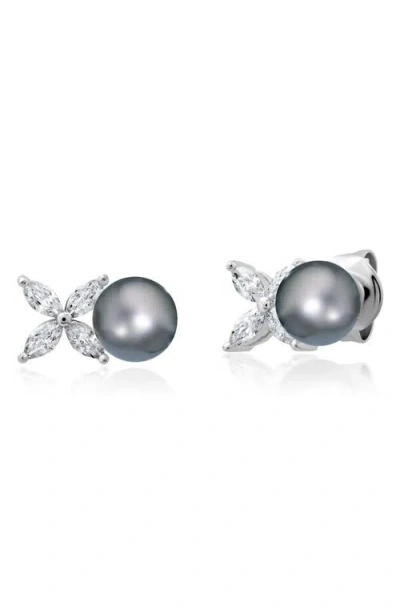 Crislu Xoxo Grey Pearl & Cubic Zirconia Stud Earrings In Gray