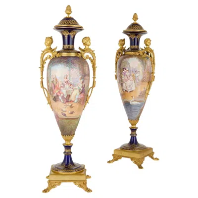 Pre-owned Cristalleries De Sevres Pair Of Elegant Ormolu-mounted Sèvres-style Porcelain Amphora Vases In Sand