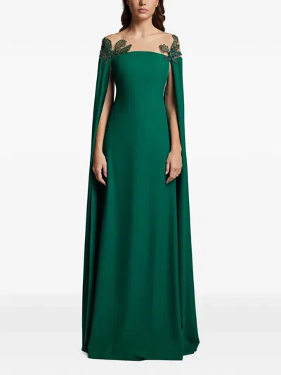 Cristallini Bead-embellished Cape-sleeve Maxi Dress In Green