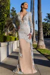 Cristallini Embroidered Long Sleeve Gown With Exposed Back In Multi