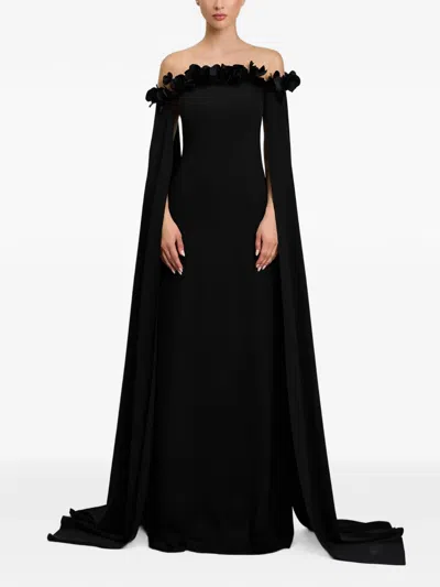 Cristallini Floral-appliqué Cape-sleeve A-line Maxi Dress In Black