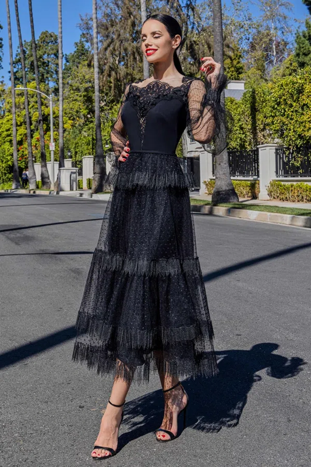 Cristallini Illusion Neck Lace Midi Dress In Multi | ModeSens