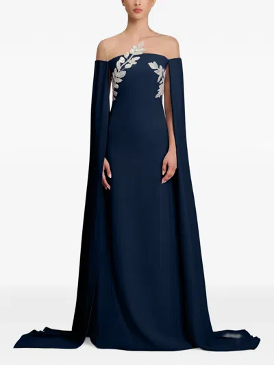 Cristallini Kassandra Leaf-embellished Cape-sleeve Maxi Dress In Blue