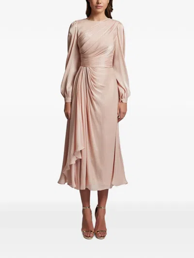 Cristallini Norma Ruched Long-sleeve Midi Dress In Pink