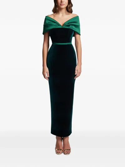 Cristallini Off-shoulder Velvet Maxi Dress In Green