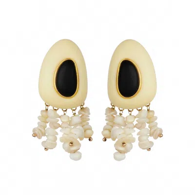 Cristina Sabatini Resin Drop Fringe Earrings In Beige/black In Gold