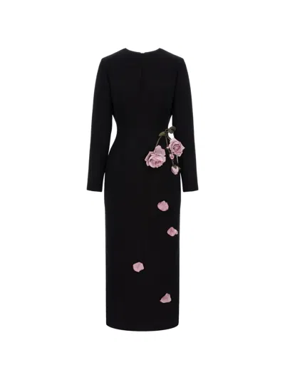 Cristina Savulescu Rose-appliqué Long-sleeves Midi Dress In Black