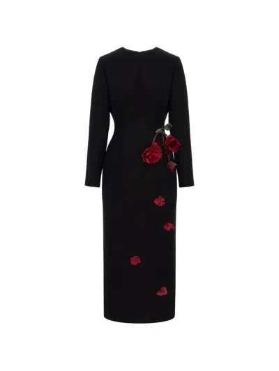 Cristina Savulescu Rose-appliqué Long-sleeves Midi Dress In Black