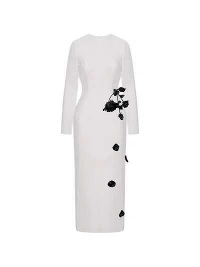 Cristina Savulescu Rose-appliqué Long-sleeves Midi Dress In White