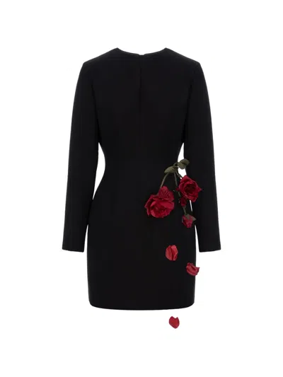 Cristina Savulescu Rose-appliqué Long-sleeves Mini Dress In Black