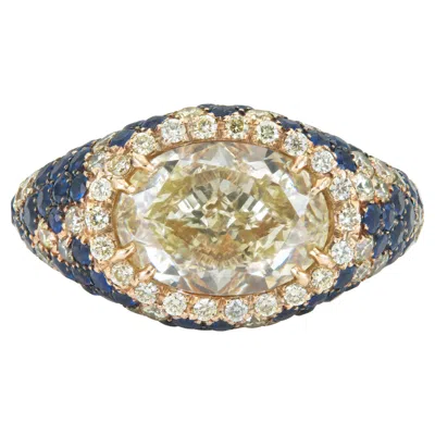 Pre-owned Crivelli 4.05 Carat Oval Cut Fancy Light Yellow Diamond Ring With Sapphires