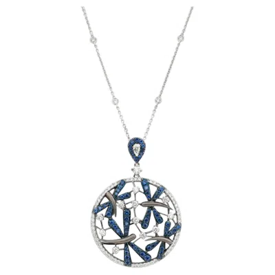 Pre-owned Crivelli Diamond & Blue Sapphire Circula Pendant Necklace 18k White Gold 1.33ctw