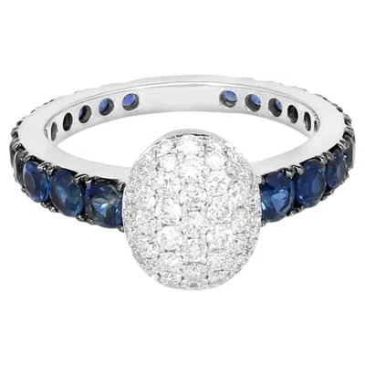 Pre-owned Crivelli Girodito Diamond & Blue Sapphire Doomed Oval Ring 18k White Gold